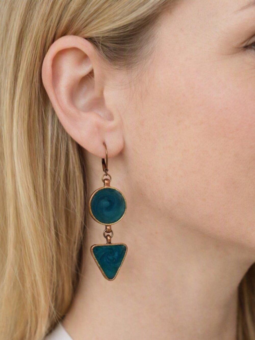 Vintage Teal Peacock Enamel Swirl Geometric Brass Tone Dangle Leverback Earrings